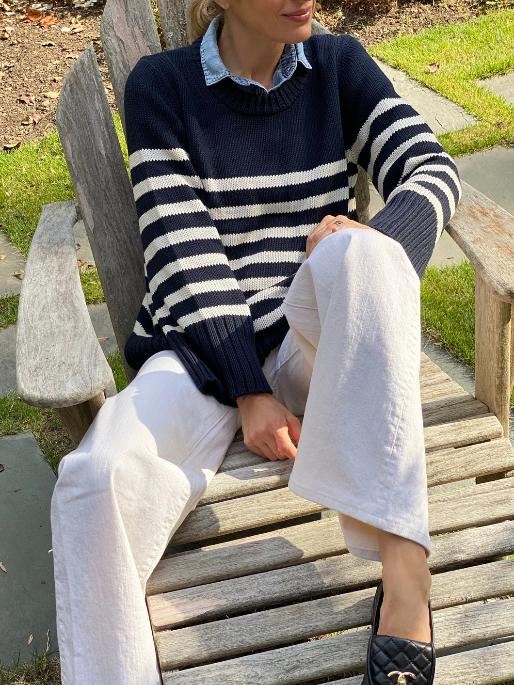 State of Cotton Kittery Cotton Sweater in Navy and Ivory Stripe