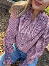 Load image into Gallery viewer, Andion Amelia Blouse in Burgundy Gingham with Hand Embroidery
