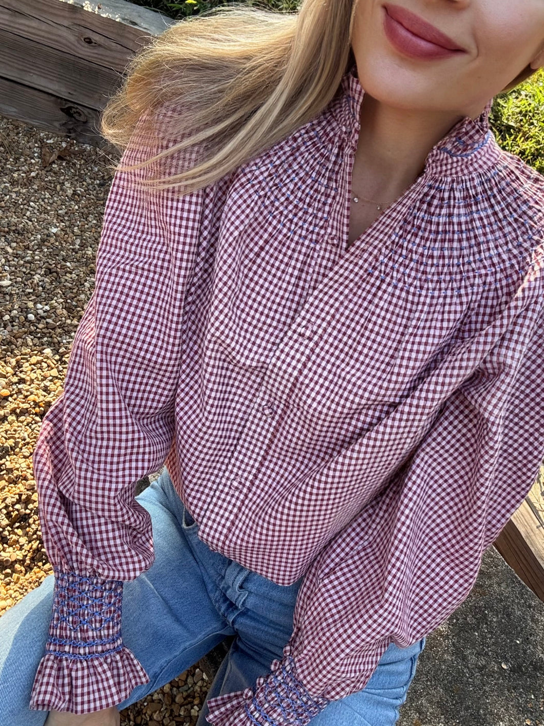 Andion Amelia Blouse in Burgundy Gingham with Hand Embroidery