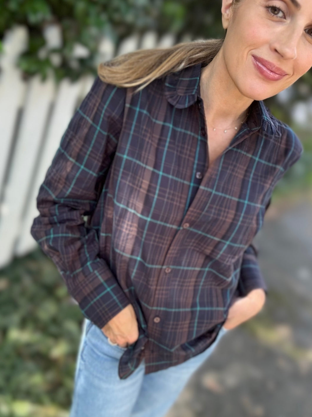 Secular Rene Chocolate Plaid Blouse