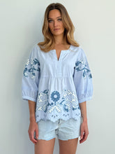 Load image into Gallery viewer, Gladiola Top in Banker Blue with Denim Colored Applique
