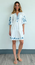 Load image into Gallery viewer, Cypress Dress White with Denim Colored Applique
