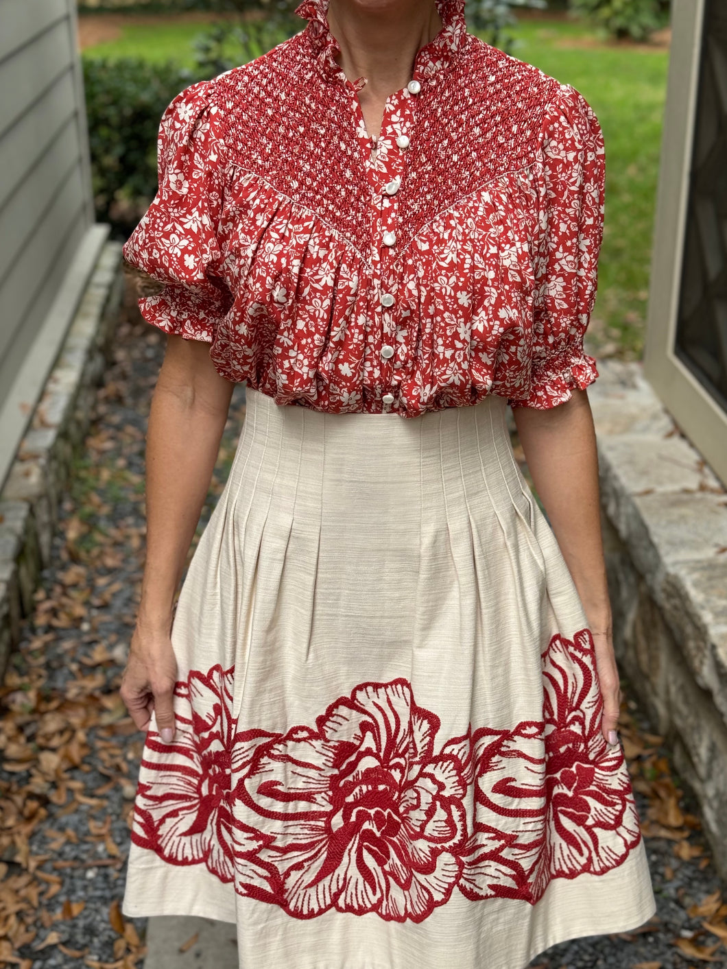 Loretta Caponi Milvia Blouse in Red and White Papaveri Print