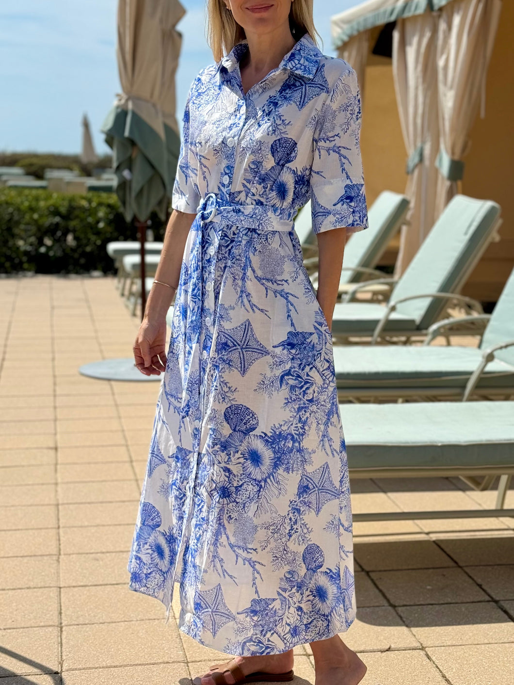 Evi Grintela Valerie Shirt Dress in Blue and White Sea Shell Print