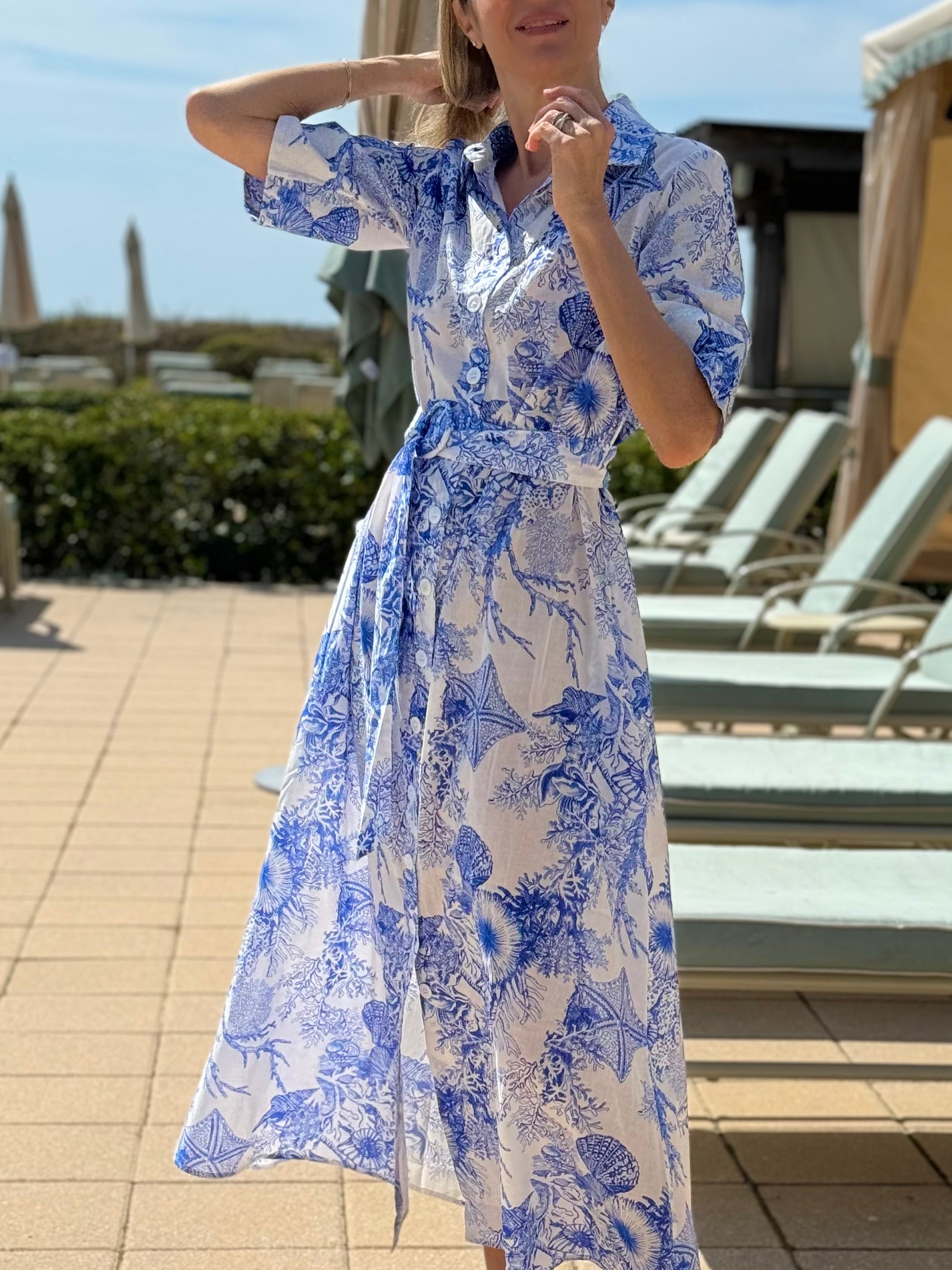 Evi Grintela Valerie Shirt Dress in Blue and White Sea Shell Print –  Shopcestmimi