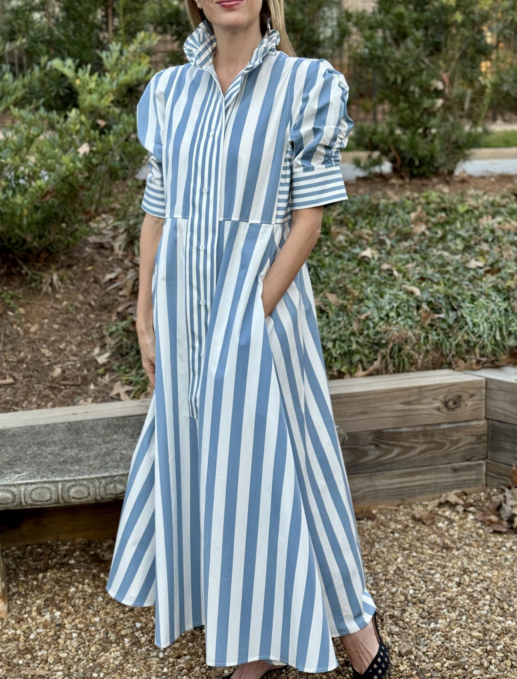 Thierry Colson Strom Blue Striped Venetia Dress in Luxury Poplin