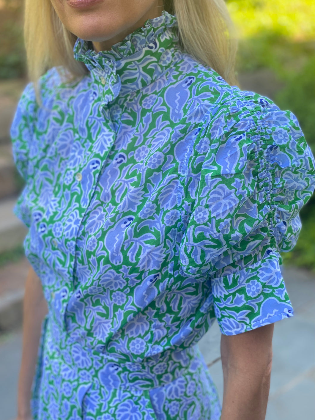 Thierry Colson Vita Blouse in Green/Blue/Grey Parrot Print