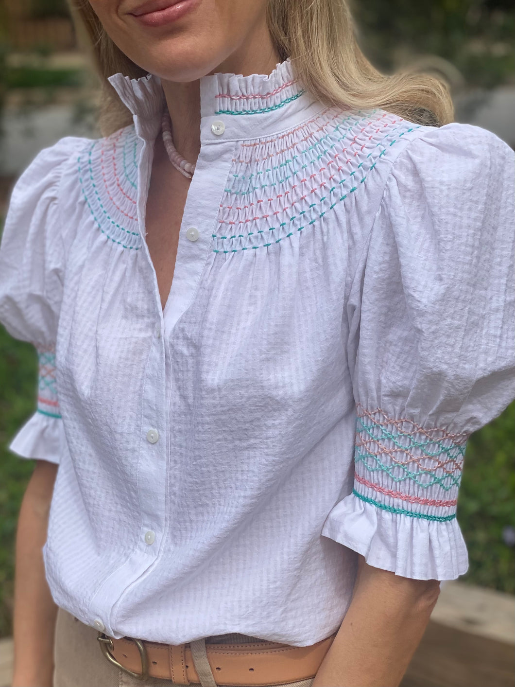 Andion Amelia Short Sleeve Blouse in White Gingham with Multi Color Embroidery