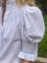 Load image into Gallery viewer, Andion Amelia Short Sleeve Blouse in White Gingham with Multi Color Embroidery
