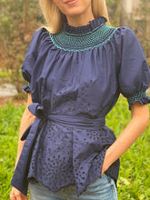 Load image into Gallery viewer, Loretta Caponi Maria Blouse in Navy Sangallo with Spring Green
