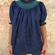 Load image into Gallery viewer, Loretta Caponi Maria Blouse in Navy Sangallo with Spring Green
