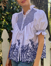 Load image into Gallery viewer, Loretta Caponi Milvia Blouse in Smocked Blue Ibiscus
